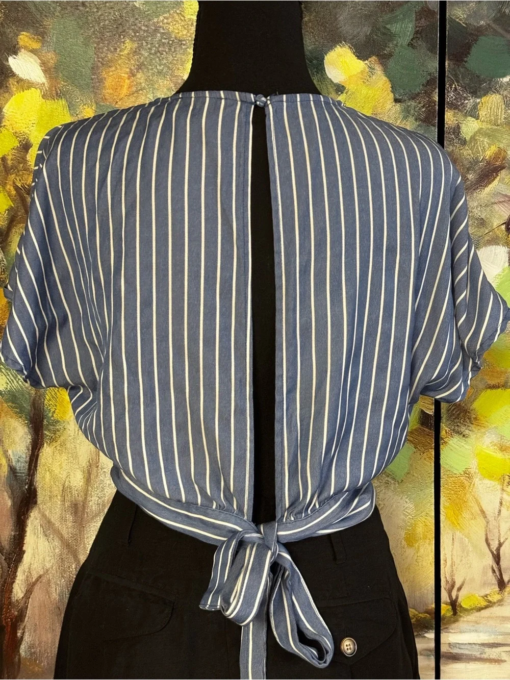 Jun & Ivy Blue Stripe Tie Back Boho Crop Top M - Picture 2 of 4